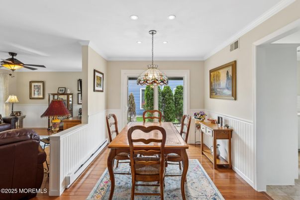 Dining room, Interior, Pendant Lights, Recessed Lighting, Wood Texture Flooring