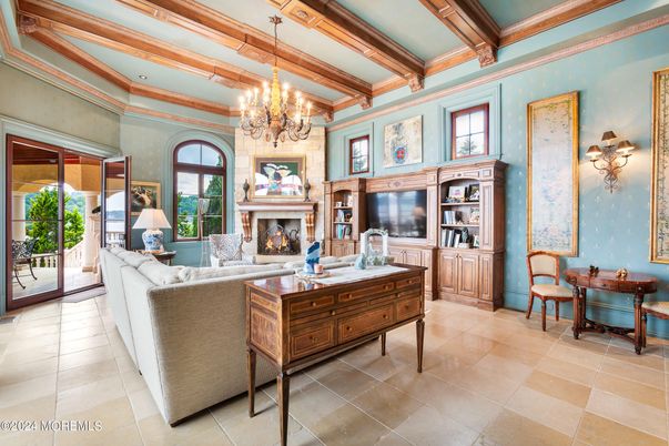 Chandelier, Fireplace, Interior, Living room, Wooden Beams