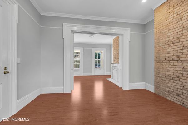 Empty room, Interior, Recessed Lighting, Stone Walls, Wood Texture Flooring