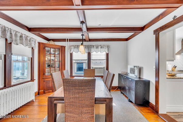 Dining room, Interior, Pendant Lights, Wooden Beams, Wood Texture Flooring