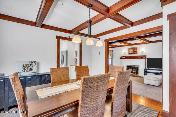 Dining room, Fireplace, Interior, Pendant Lights, Wooden Beams, Wood Texture Flooring
