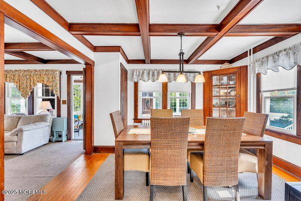Dining room, Interior, Pendant Lights, Wooden Beams, Wood Texture Flooring