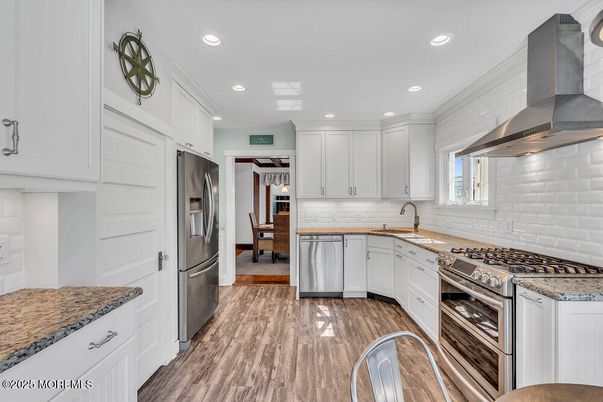 Interior, Kitchen, Recessed Lighting, Stainless Steel Appliances, Wood Texture Flooring