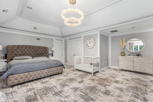 Bedroom, Chandelier, Interior, Pendant Lights, Recessed Lighting, Wood Texture Flooring