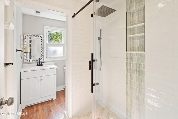 Bathroom, Glass Shower, Interior, Wood Texture Flooring