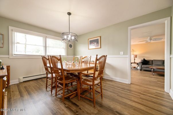 Dining room, Interior, Pendant Lights, Wood Texture Flooring