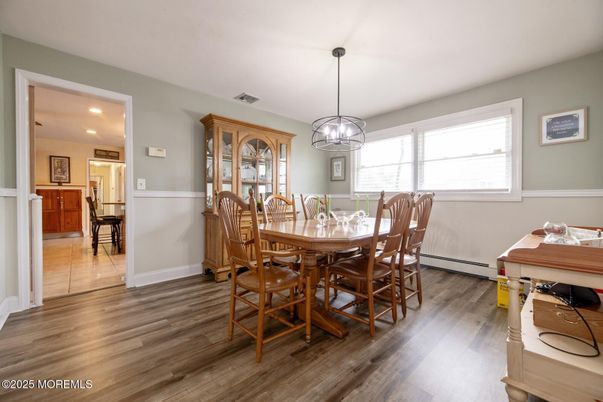 Dining room, Interior, Pendant Lights, Recessed Lighting, Wood Texture Flooring