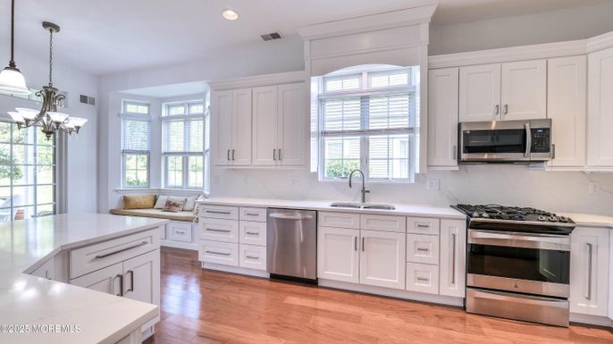 Interior, Kitchen, Pendant Lights, Recessed Lighting, Stainless Steel Appliances, Wood Texture Flooring