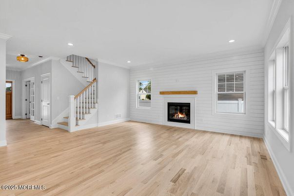 Empty room, Fireplace, Interior, Recessed Lighting, Wood Texture Flooring