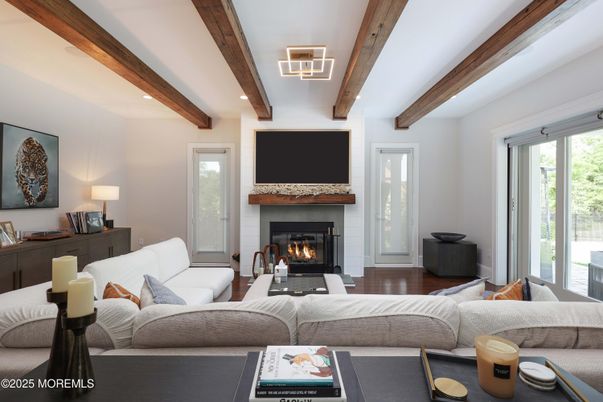 Fireplace, Interior, Living room, Recessed Lighting, Wooden Beams, Wood Texture Flooring