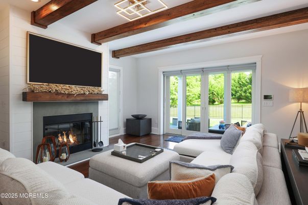 Fireplace, Interior, Living room, Recessed Lighting, Wooden Beams, Wood Texture Flooring