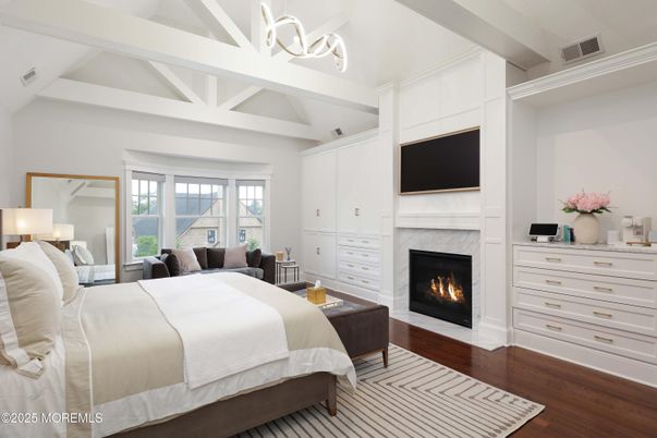Bedroom, Fireplace, Interior, Wood Texture Flooring