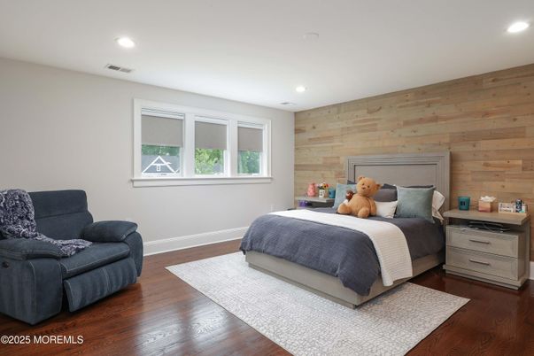 Bedroom, Interior, Recessed Lighting, Wood Texture Flooring, Wooden Walls