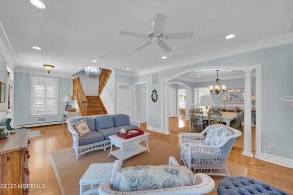 Chandelier, Dining room, Interior, Living room, Recessed Lighting, Wood Texture Flooring