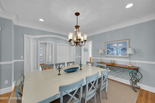 Chandelier, Dining room, Interior, Recessed Lighting, Wood Texture Flooring