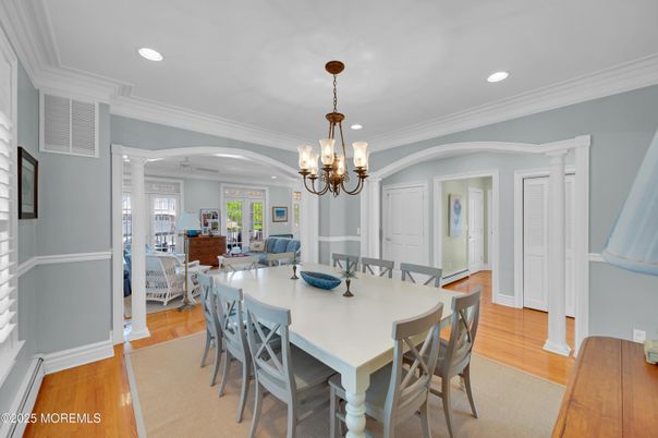 Chandelier, Dining room, Interior, Living room, Recessed Lighting, Wood Texture Flooring