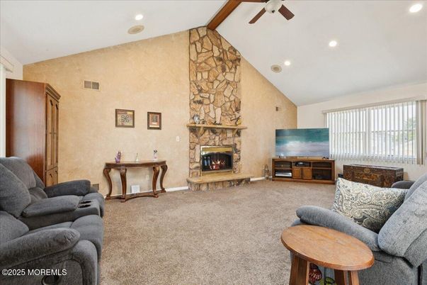 Fireplace, Interior, Living room, Recessed Lighting, Stone Walls