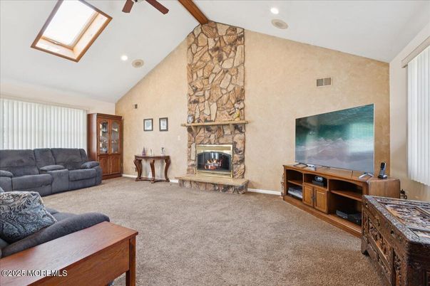 Fireplace, Interior, Living room, Recessed Lighting, Stone Walls