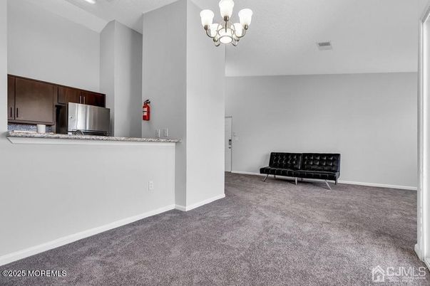 Chandelier, Empty room, Interior, Kitchen, Recessed Lighting, Stainless Steel Appliances