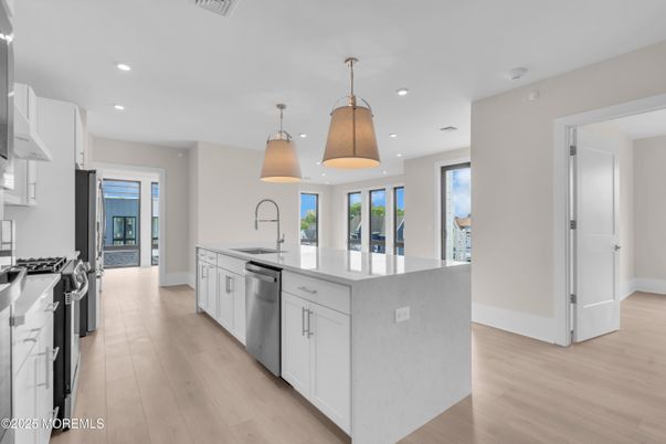 Interior, Kitchen, Pendant Lights, Recessed Lighting, Stainless Steel Appliances, Wood Texture Flooring