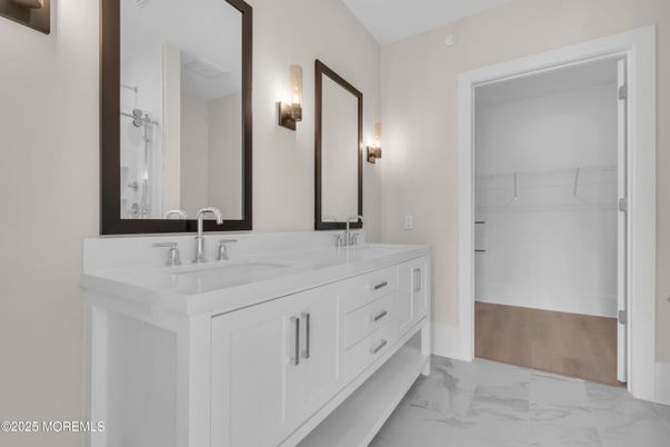 Bathroom, Dual Sink Vanities, Interior, Marble, Walk-in Closets, Wood Texture Flooring