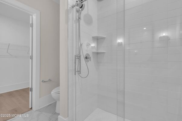 Bathroom, Glass Shower, Interior, Marble, Wood Texture Flooring