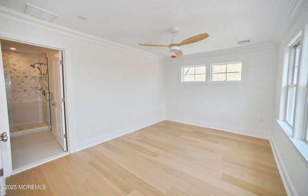 Bathroom, Empty room, Glass Shower, Interior, Recessed Lighting, Wood Texture Flooring