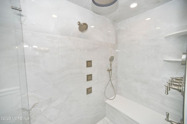 Bathroom, Glass Shower, Interior, Marble Walls, Recessed Lighting