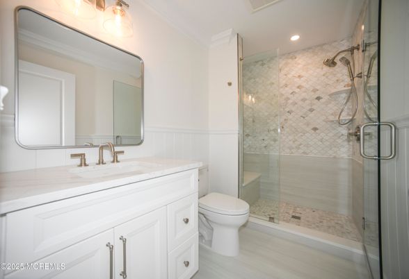 Bathroom, Glass Shower, Interior, Recessed Lighting, Wood Texture Flooring