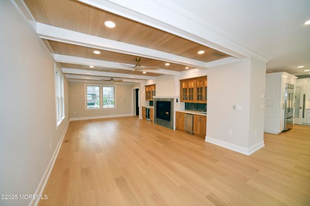 Empty room, Fireplace, Interior, Recessed Lighting, Wood Texture Flooring