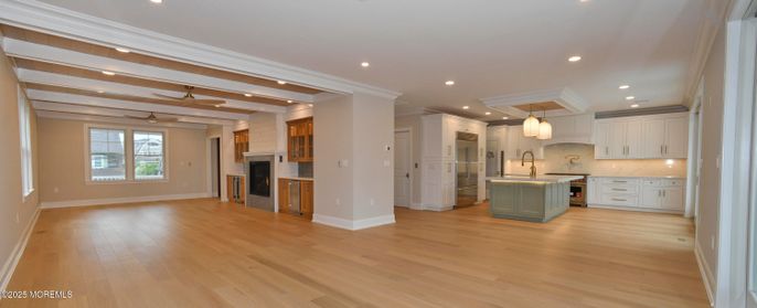 Interior, Kitchen, Marble Walls, Recessed Lighting, Wood Texture Flooring