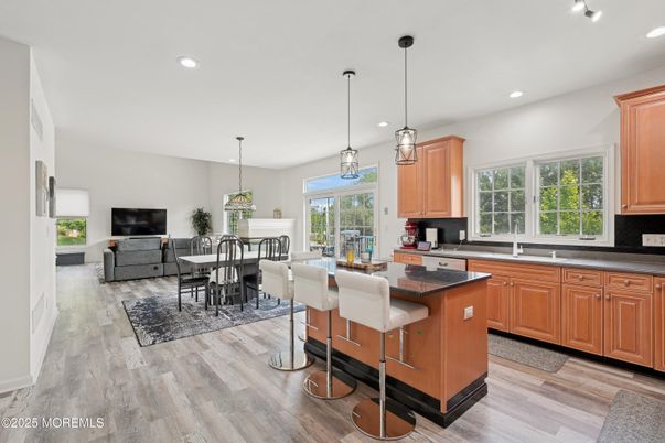 Dining room, Interior, Kitchen, Pendant Lights, Recessed Lighting, Wood Texture Flooring