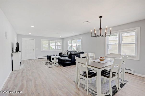Dining room, Interior, Living room, Pendant Lights, Recessed Lighting, Wood Texture Flooring