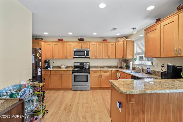 Interior, Kitchen, Recessed Lighting, Stainless Steel Appliances, Wood Texture Flooring