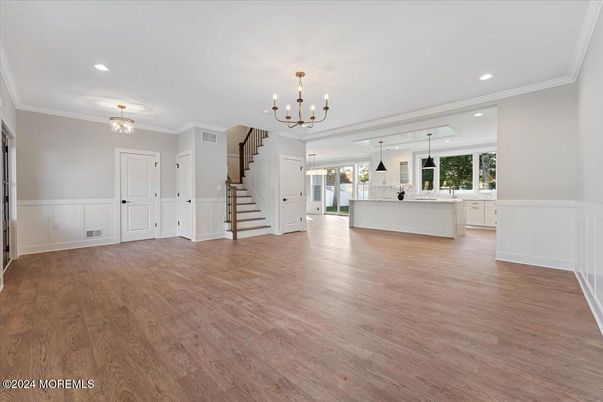 Chandelier, Empty room, Interior, Pendant Lights, Recessed Lighting, Wood Texture Flooring