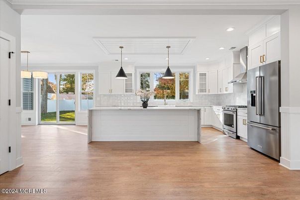 Interior, Kitchen, Pendant Lights, Recessed Lighting, Stainless Steel Appliances, Wood Texture Flooring
