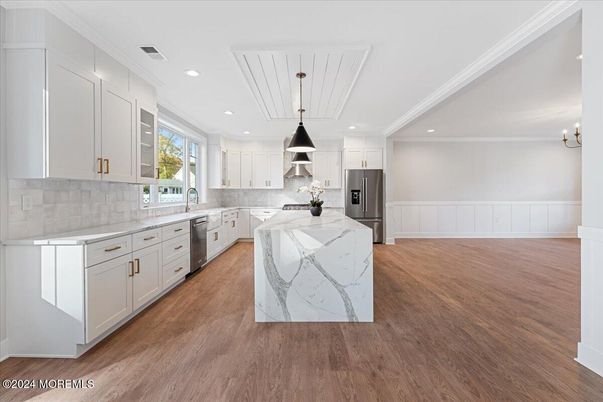 Interior, Kitchen, Pendant Lights, Recessed Lighting, Stainless Steel Appliances, Wood Texture Flooring
