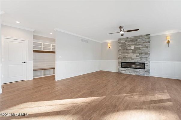 Empty room, Fireplace, Interior, Recessed Lighting, Wood Texture Flooring