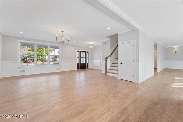 Chandelier, Empty room, Interior, Recessed Lighting, Wood Texture Flooring