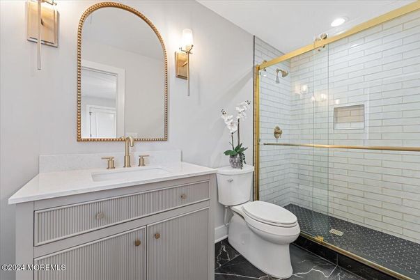 Bathroom, Glass Shower, Interior, Marble, Recessed Lighting