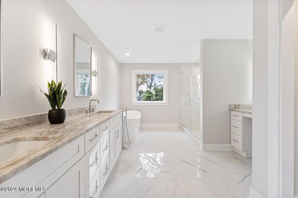 Bathroom, Dual Sink Vanities, Glass Shower, Interior, Marble, Recessed Lighting