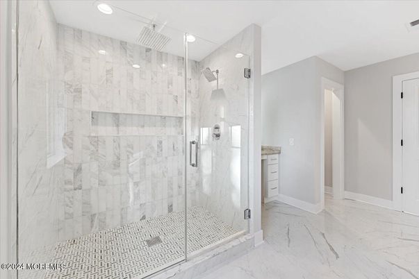 Bathroom, Glass Shower, Interior, Marble, Marble Walls, Recessed Lighting