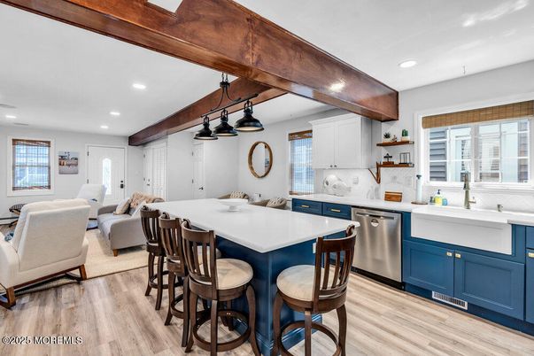 Interior, Kitchen, Living room, Recessed Lighting, Stainless Steel Appliances, Wooden Beams, Wood Texture Flooring