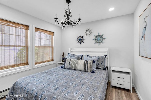 Bedroom, Chandelier, Interior, Recessed Lighting, Wood Texture Flooring