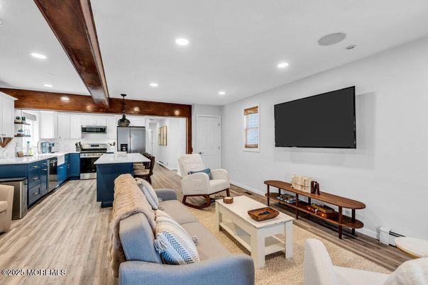Interior, Kitchen, Living room, Pendant Lights, Recessed Lighting, Stainless Steel Appliances, Wood Texture Flooring