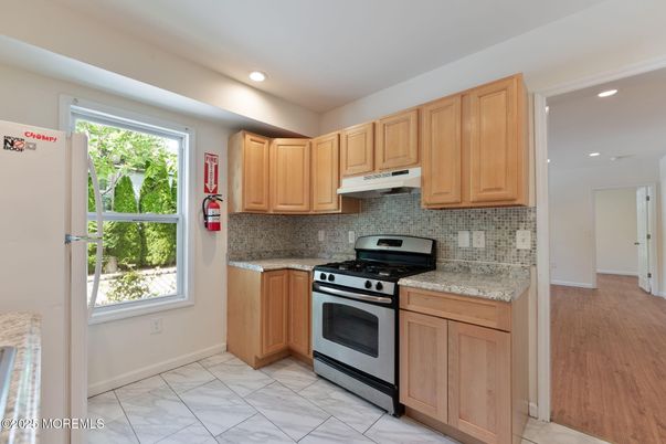 Interior, Kitchen, Marble, Recessed Lighting, Wood Texture Flooring