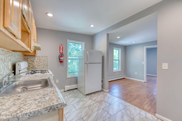 Interior, Kitchen, Marble, Recessed Lighting, Wood Texture Flooring