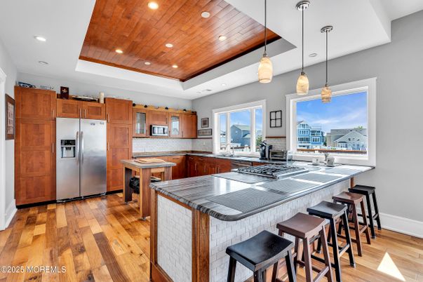 Interior, Kitchen, Pendant Lights, Recessed Lighting, Stainless Steel Appliances, Wooden Ceilings, Wood Texture Flooring