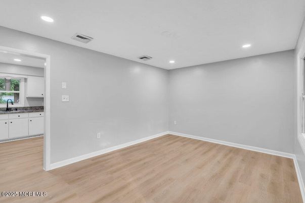Empty room, Interior, Kitchen, Recessed Lighting, Wood Texture Flooring