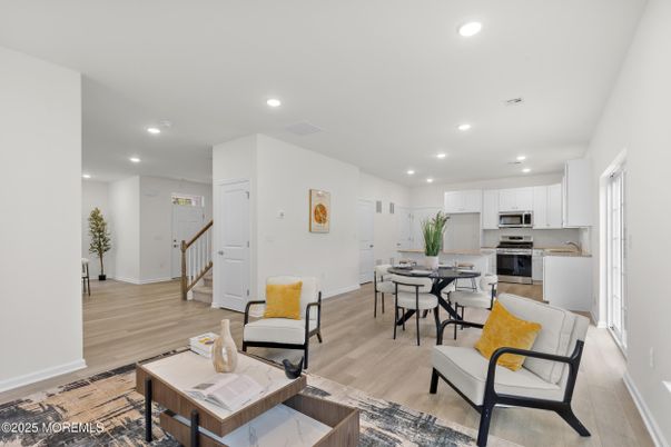 Dining room, Interior, Kitchen, Recessed Lighting, Stainless Steel Appliances, Wood Texture Flooring